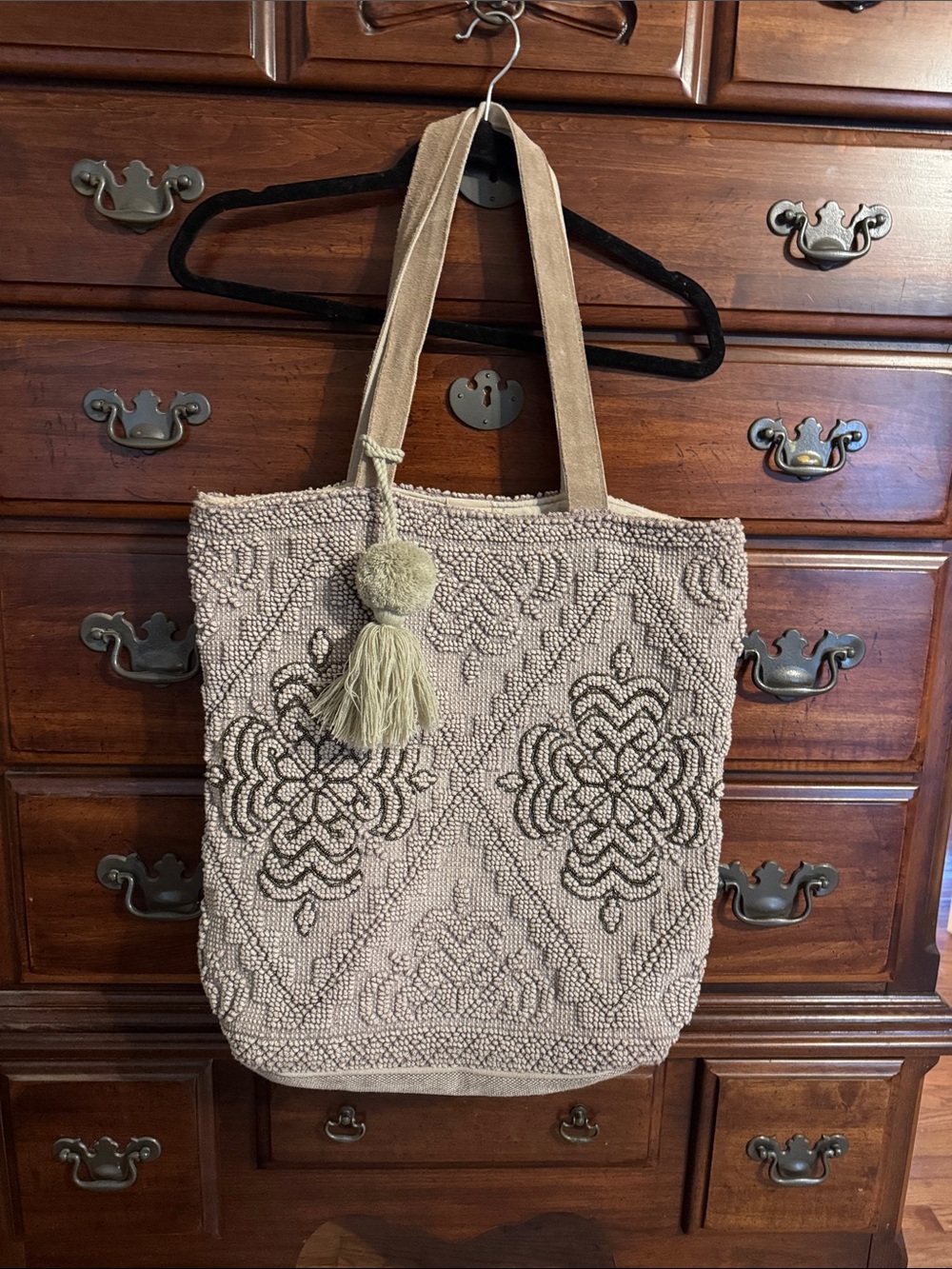 Lovestitch Beige Woven Floral Tote with Tassel